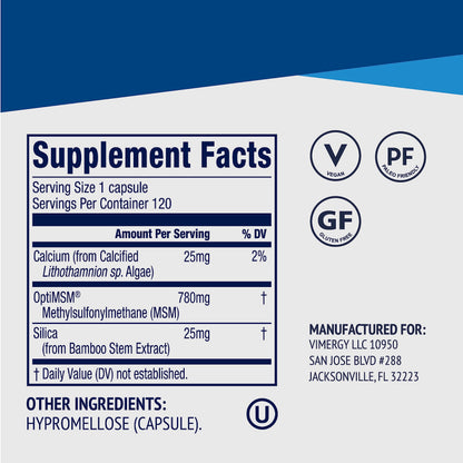 Vimergy MSM with Silica + Calcium Capsules, 120 Servings – Supports Bone Health – Promotes Hair & Nail Health – Non-GMO, Gluten-Free, Kosher, Soy-Free, Corn-Free, Vegan & Paleo Friendly