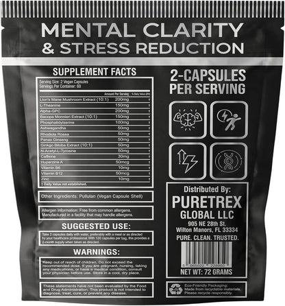 Neuro Boost Nootropic Capsules - Lions Mane, Bacopa, Alpha GPC, L-Theanine, Ashwagandha, Ginkgo Biloba Supplement for Mental Clarity, Focus, 120 Vegan Caps, Made in UK