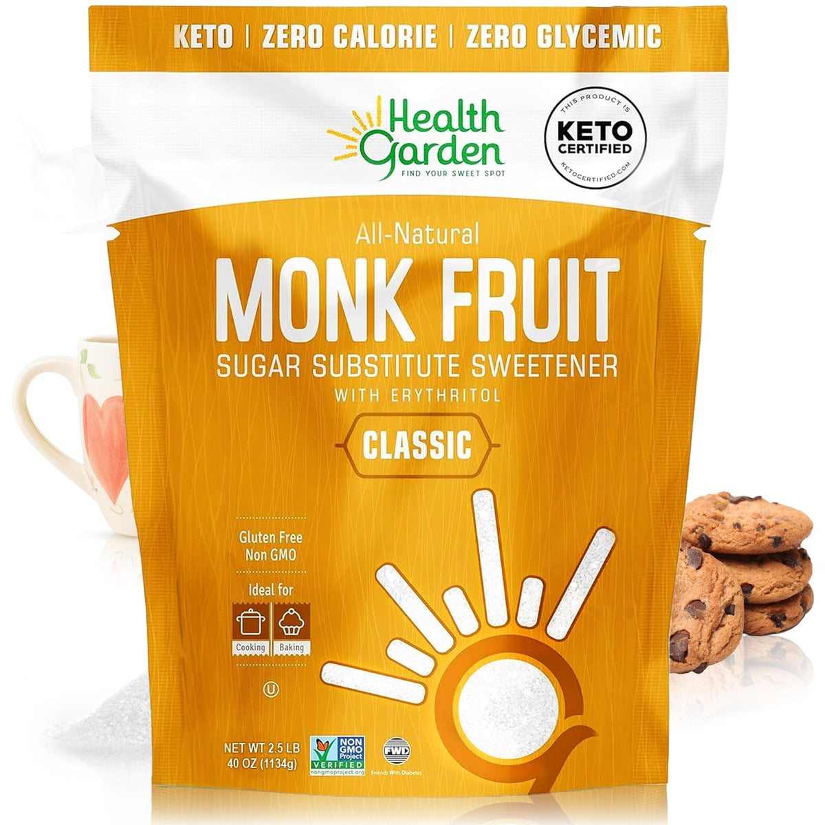 Health Garden Monk Fruit Sweetener, Golden Sugar Substitute - 2.5 lb