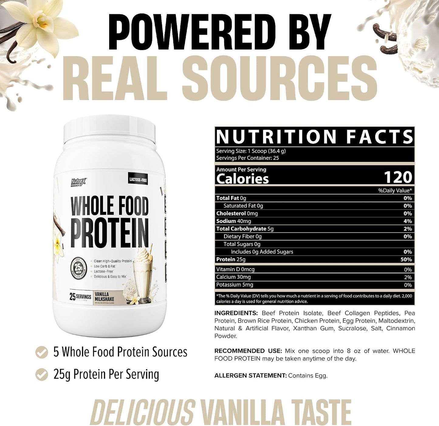 Whole Food Protein Powder - 25g Protein per Scoop, Lactose Free Protein with Beef Isolate, Collagen, Pea, Brown Rice, Chicken & Egg Protein, 0G Sugar, Keto Friendly, Vanilla Milkshake 25 Serv