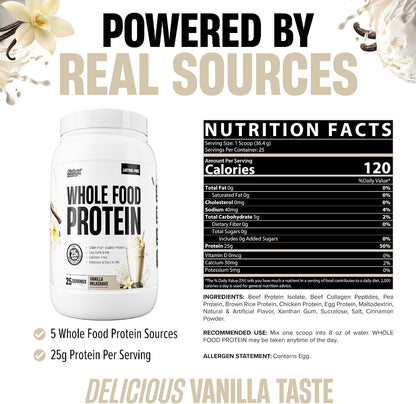 Whole Food Protein Powder - 25g Protein per Scoop, Lactose Free Protein with Beef Isolate, Collagen, Pea, Brown Rice, Chicken & Egg Protein, 0G Sugar, Keto Friendly, Vanilla Milkshake 25 Serv