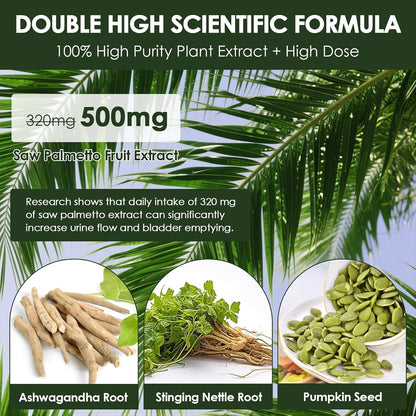 Totaria Organic Saw Palmetto with Pumpkin Seed - Prostate Health Supplements with Ashwagandha Root, Stinging Nettle, Prostate Defend Propnietary Blend, DHT Blocker for Men & Women, 120 Count