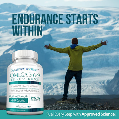 Approved Science Omega 3-6-9-2400mg Daily Blend of Fish, Flaxseed, and Borage Oils with Vitamin E - Wellness Support - Non-GMO, Mercury-Free - 60 Softgels - 1 Month Supply