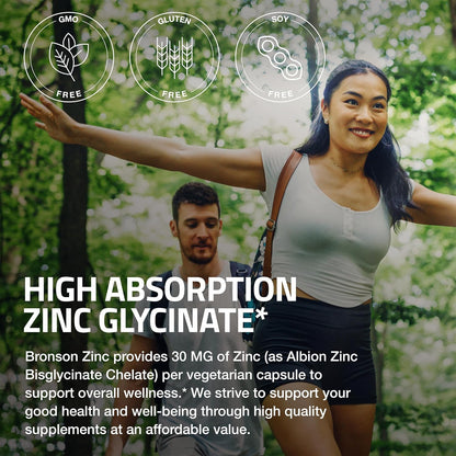 Bronson Zinc Glycinate 30mg Chelated Superior Absorption 100% Chelated Formula Non-GMO, 120 Vegetarian Capsules