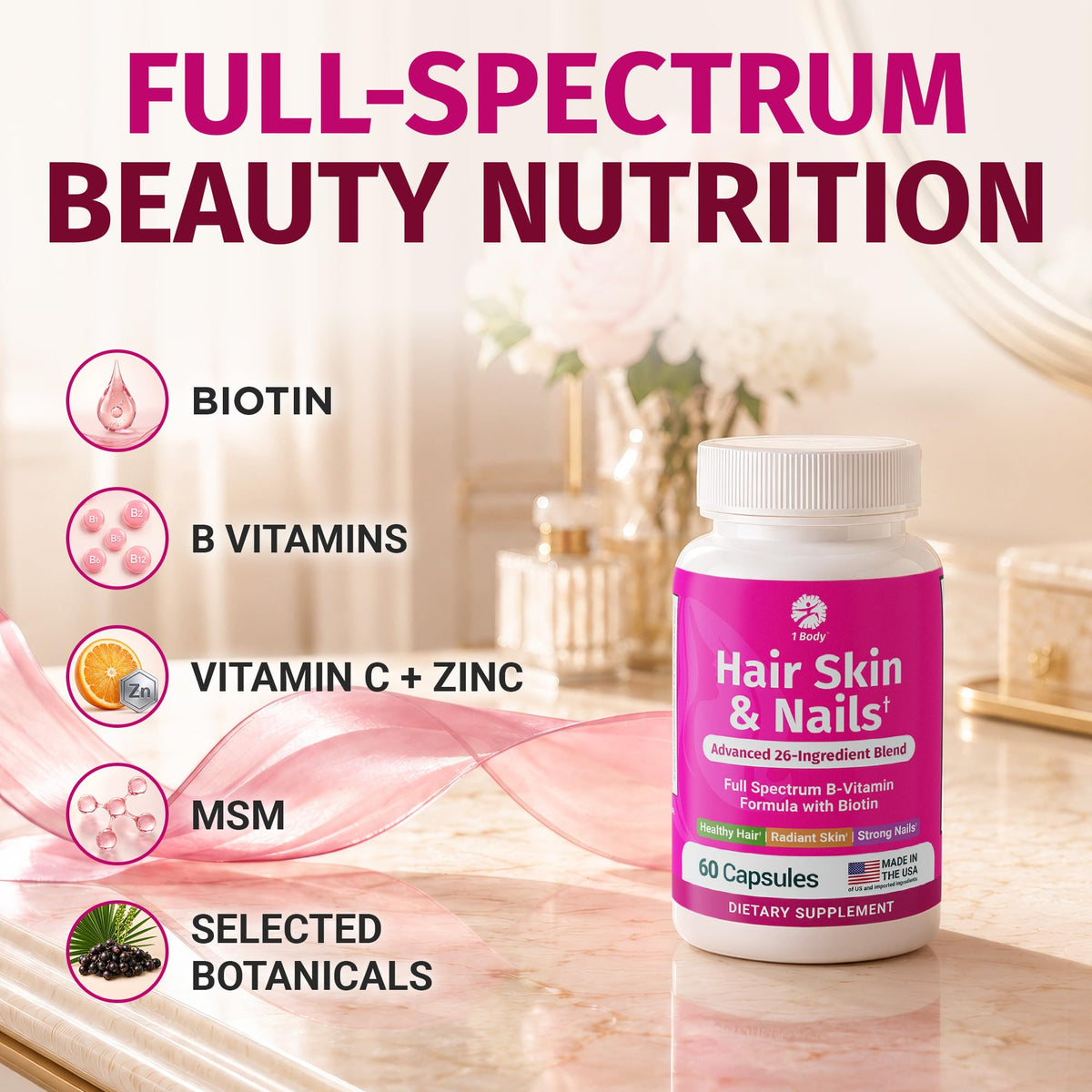 1 Body Hair Skin & Nails with Biotin, Vegan Vitamins, 60 Capsules