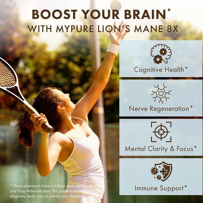 PURE ESSENCE LABS MyPure Lion's Mane 8X - Max Strength Brain Support with 100% Fruiting Body Organic Lion's Mane for Ultimate Cognitive Performance, Focus, and Mental Clarity, 60 Capsules