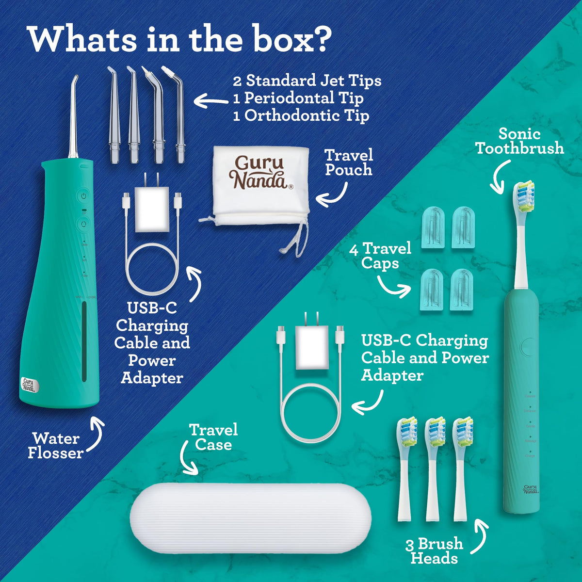 GuruNanda Electric Toothbrush & Water Flosser, 4 Toothbrush Heads, 4 Tips
