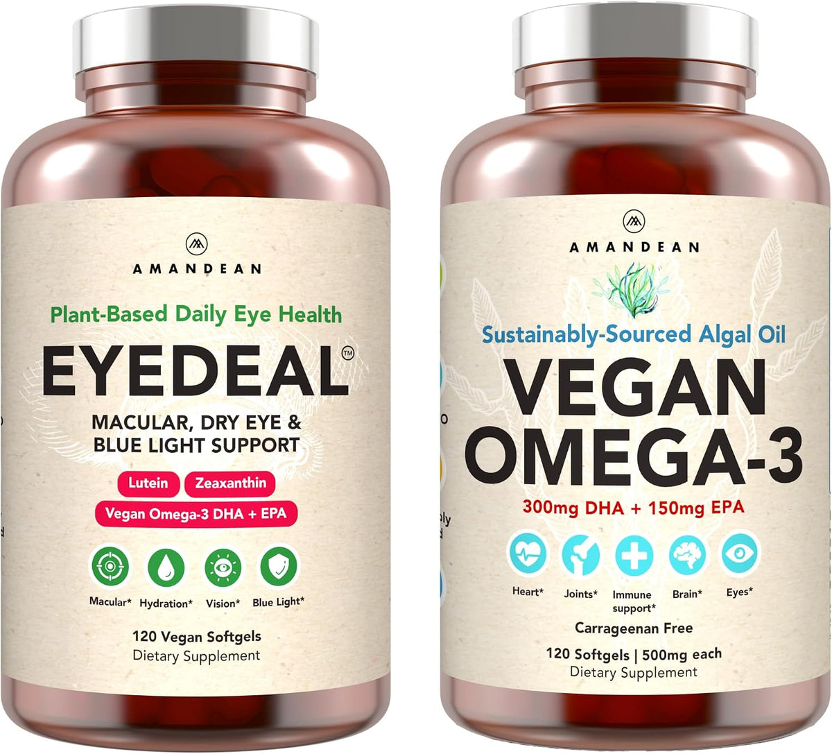 AMANDEAN Vegan Eye & Omega-3 Bundle - EYEDEAL Lutein & Zeaxanthin + Algal DHA EPA Eye, Brain & Heart Health Softgels