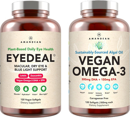AMANDEAN Vegan Eye & Omega-3 Bundle - EYEDEAL Lutein & Zeaxanthin + Algal DHA EPA Eye, Brain & Heart Health Softgels