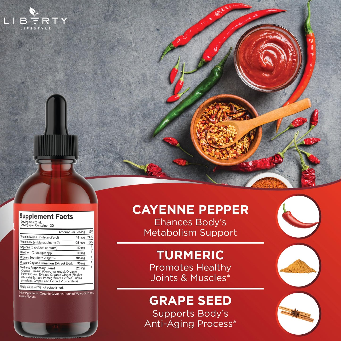 Cayenne Pepper Supplement Liquid Drops + Hawthorn Berry, Vitamin D3 K2 Beet Root Powder, Ceylon Cinnamon, Turmeric Curcumin, Organic Panax Ginseng - 4oz