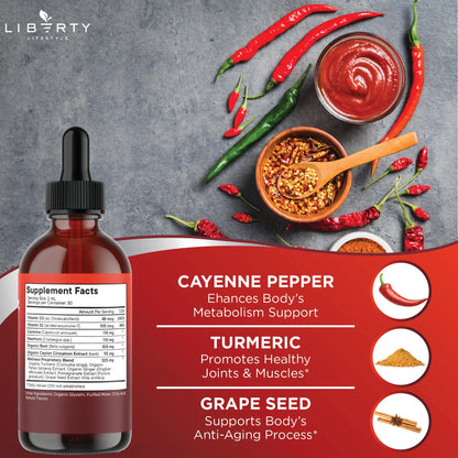 Cayenne Pepper Supplement Liquid Drops + Hawthorn Berry, Vitamin D3 K2 Beet Root Powder, Ceylon Cinnamon, Turmeric Curcumin, Organic Panax Ginseng - 4oz