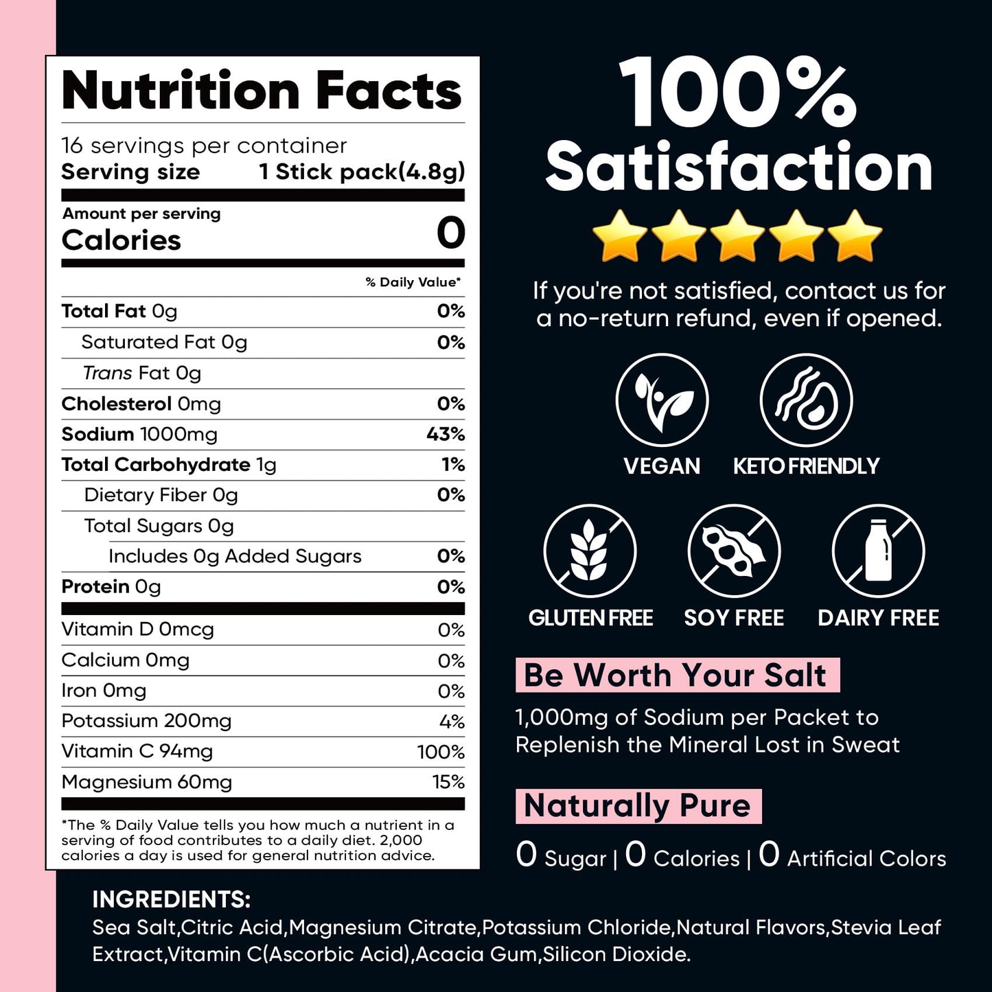 Venture Pal High Sodium Sugar Free Electrolytes Powder Packets, 16 Count | Hydration Packets with Sodium, Magnesium & Potassium, Vitamins, Zero Calories, Vegan, Keto & Paleo Friendly