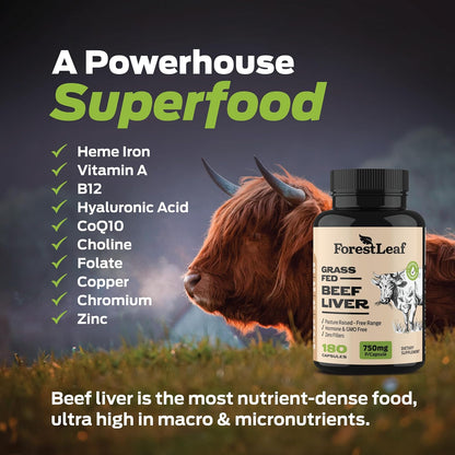 ForestLeaf Grass Fed Beef Liver Capsules, 3000mg Per Serving, Supports Immunity & Body Wellness, Cleansing, Digestion, Natural Iron, Vitamin A and B12, Freeze Dried Beef Liver Supplement, 180 Caps