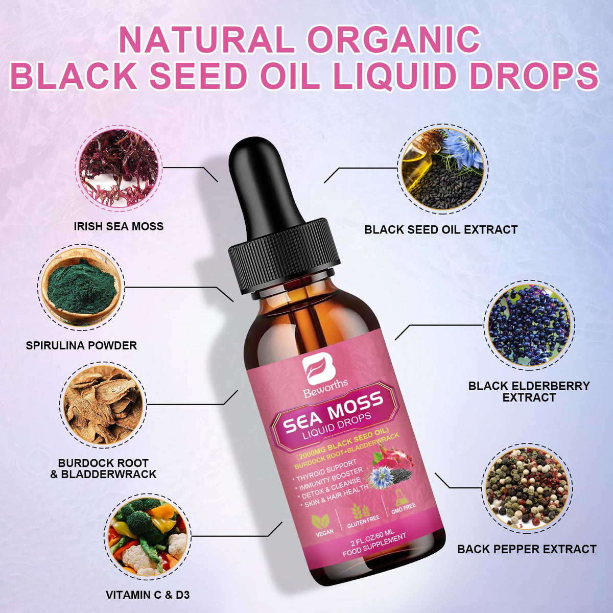 3000mg Sea Moss Liquid Drops - Organic Black Seed Oil & Irish Sea Moss Gel