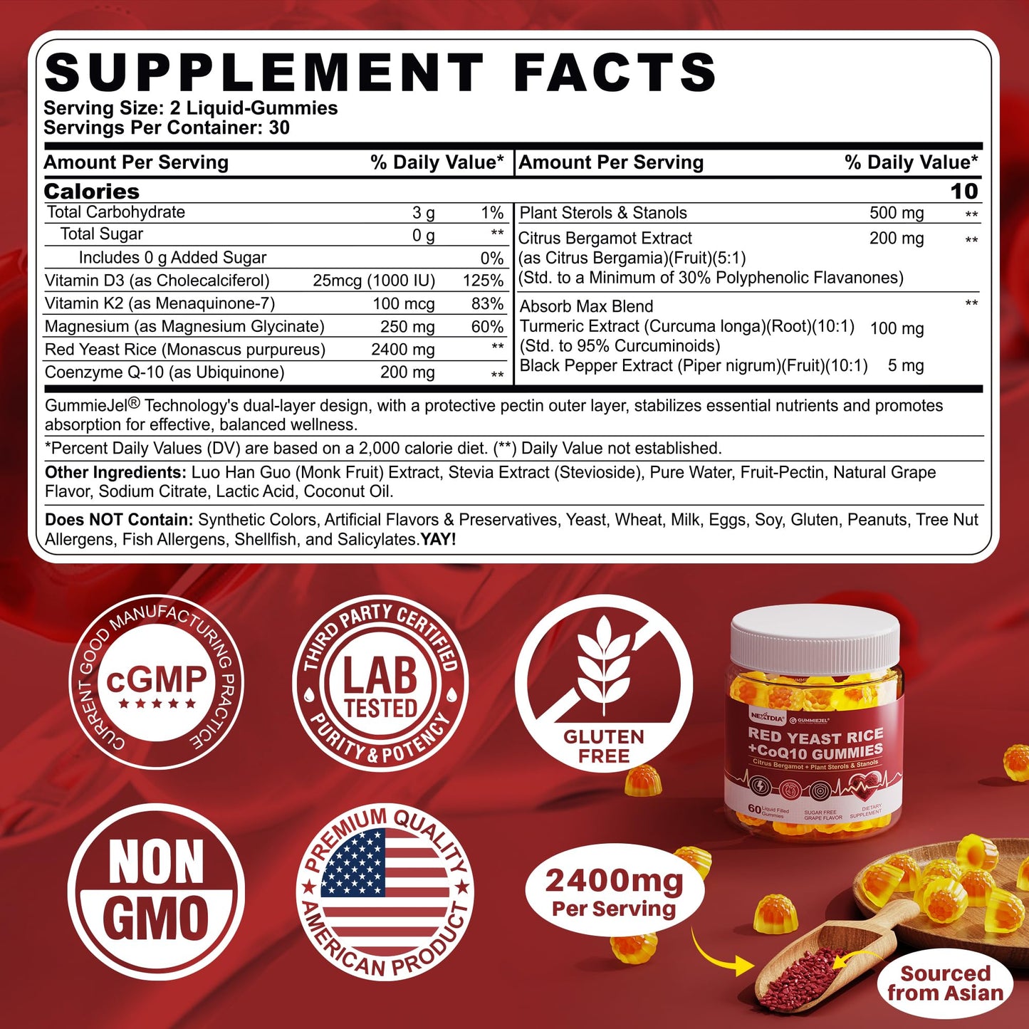 Red Yeast Rice Gummies 2400MG with CoQ10, Suagr Free Balanced Chṏlesterṏl Supplements Plus Citrus Bergamot, Plant Sterols & Stanols Supports Vḁsculḁr Health, Energy, Immunity for Age 50+,Vegan,60 Cts