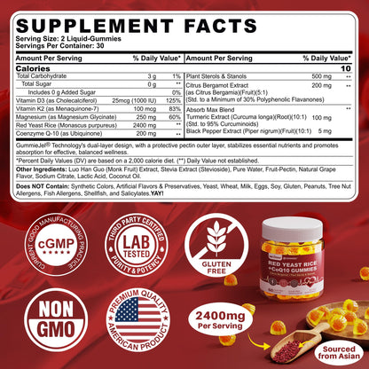 Red Yeast Rice Gummies 2400MG with CoQ10, Suagr Free Balanced Chṏlesterṏl Supplements Plus Citrus Bergamot, Plant Sterols & Stanols Supports Vḁsculḁr Health, Energy, Immunity for Age 50+,Vegan,60 Cts