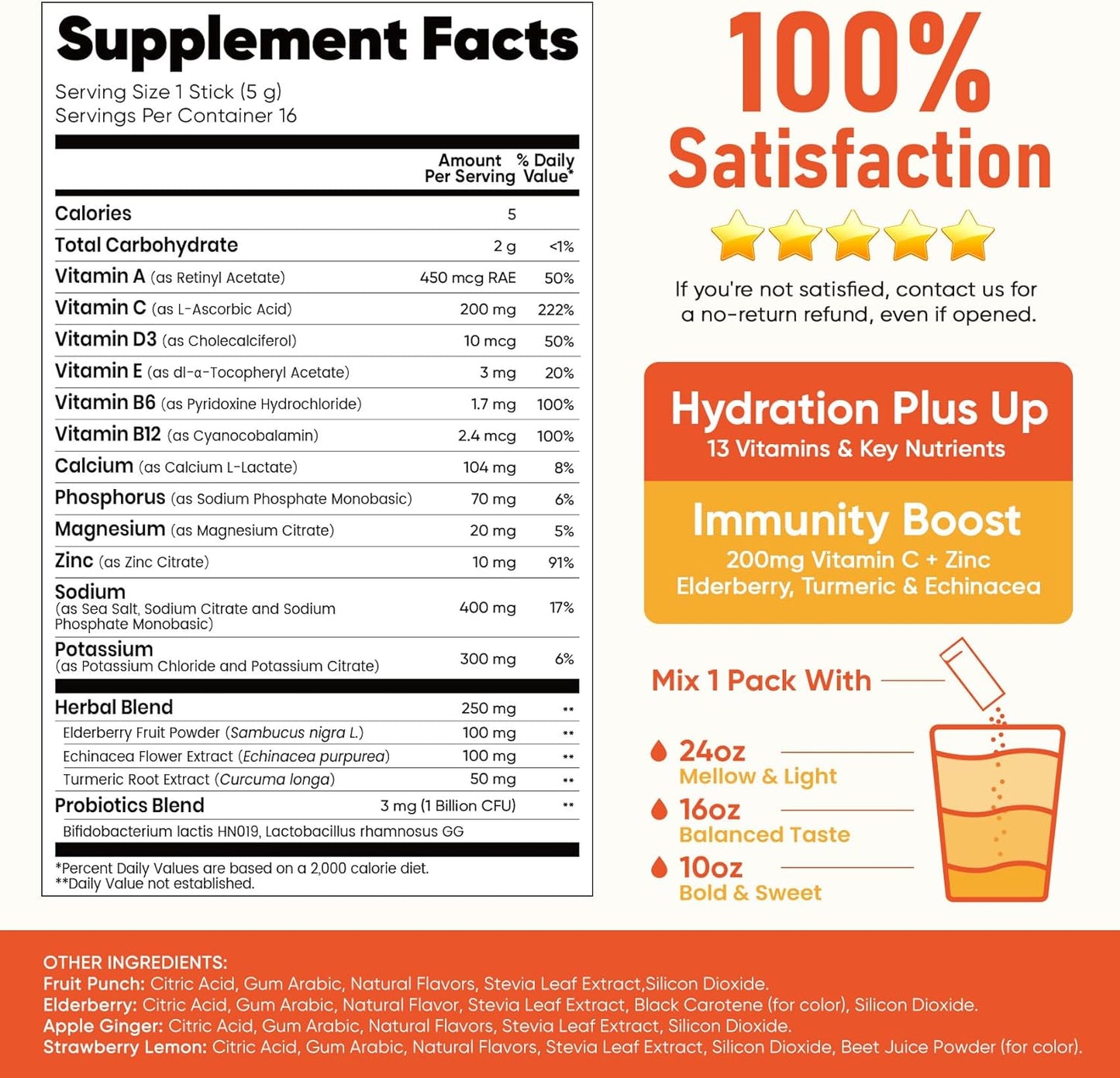 Venture Pal Sugar Free Hydration Packets+Immune-Liquid Daily IV Drink Mix | Electrolyte Powder with 7 Electrolytes & 6 Vitamins, Probiotics + Elderberry | Non-GMO, Keto Friendly, Vegan | 16 Sticks