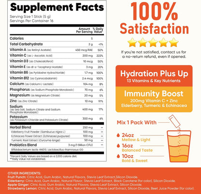 Venture Pal Sugar Free Hydration Packets+Immune-Liquid Daily IV Drink Mix | Electrolyte Powder with 7 Electrolytes & 6 Vitamins, Probiotics + Elderberry | Non-GMO, Keto Friendly, Vegan | 16 Sticks