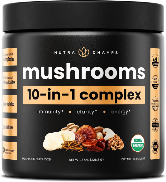 NutraChamps Organic Mushroom Powder - 10-in-1 Complex - Mushroom Supplement Powder Blend for Memory, Focus & Immune Support - 8oz (8.0 OZ, Mushroom Blend)