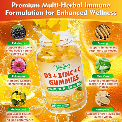 Vitamin C + D3 5000IU + Zinc Gummies for Adults, Orange Flavor, 60 Count | Immune Support supplement with Elderberry, Echinacea & Mullein Leaf - Antioxidant Support, Sugar Free