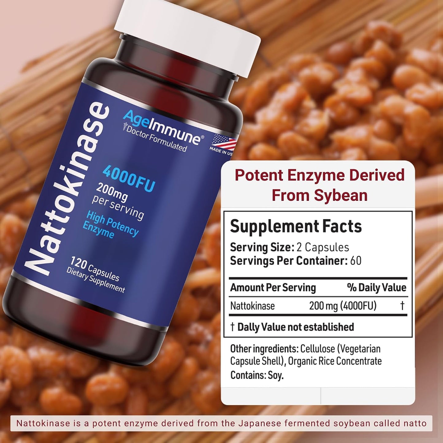 AgeImmune Nattokinase Supplement 4000 FU 200mg - Enzyme - Cardiovascular Support 120 Capsules -Derived from Japanese Natto - Made in The USA Without Magnesium Stearate.