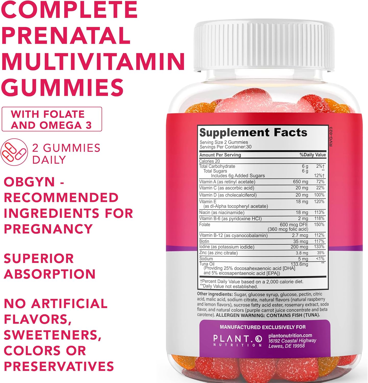 PLANT.O NUTRITION Prenatal Gummies for Women with DHA, Folate, Vitamin B C D | Delicious Multivitamin Blend for Fetal and Neural Support, Bones, Energy & Immunity During Pregnancy
