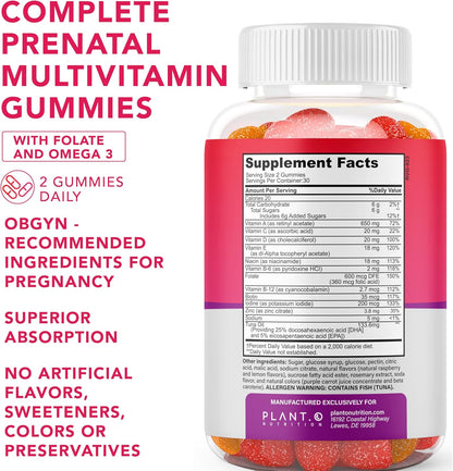 PLANT.O NUTRITION Prenatal Gummies for Women with DHA, Folate, Vitamin B C D | Delicious Multivitamin Blend for Fetal and Neural Support, Bones, Energy & Immunity During Pregnancy