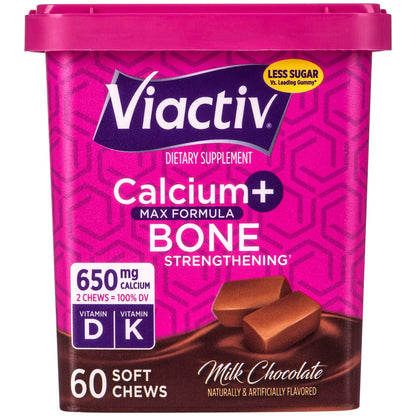 Viactiv Calcium + Vitamin D Supplement Soft Chews for Women & Men - Chewable Calcium for Bone Health Support, 650 mg per Serving, Vitamin D & K for High Absorption - 60 Count, Caramel