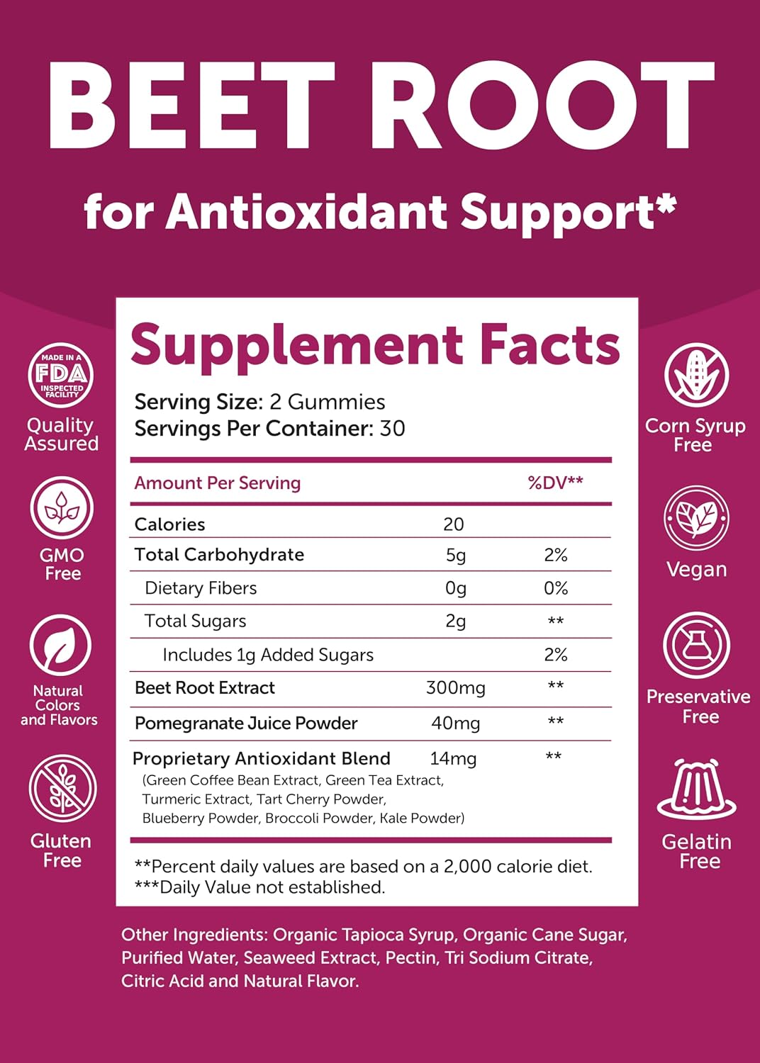 Lunakai USA Made Beet Root Gummies with 7-Antioxidant Blend - 4:1 Extract Non-GMO Vegan Beet Chews for Daily Natural Energy, Men & Women, 60ct