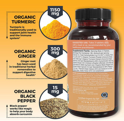 Viva Naturals Turmeric and Ginger Supplement with Black Pepper for Better Absorption - Organic Turmeric Curcumin to Support Joint, Heart and Digestive Health, Non-GMO - 120 Tablets