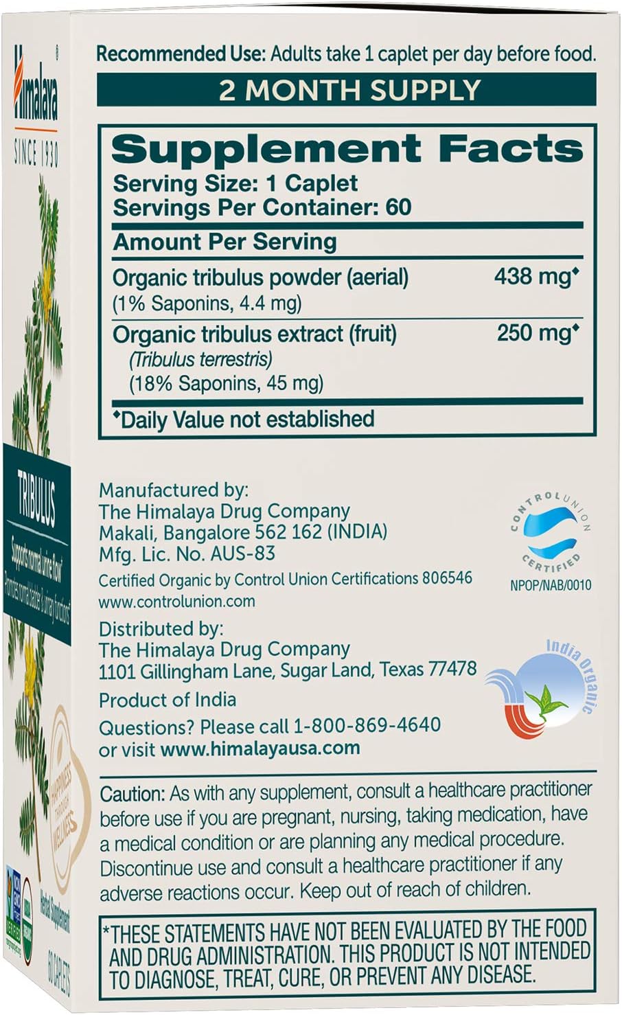 Himalaya Organic Tribulus Terrestris - Herbal Supplement for Bladder Control, Male Endurance, Prostate, and Libido Support - Vegan, Non-GMO, Gluten Free, 688 mg, 60 Caplets