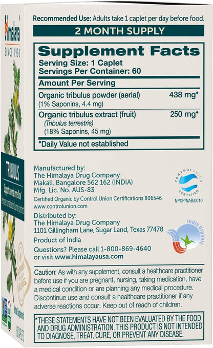 Himalaya Organic Tribulus Terrestris - Herbal Supplement for Bladder Control, Male Endurance, Prostate, and Libido Support - Vegan, Non-GMO, Gluten Free, 688 mg, 60 Caplets