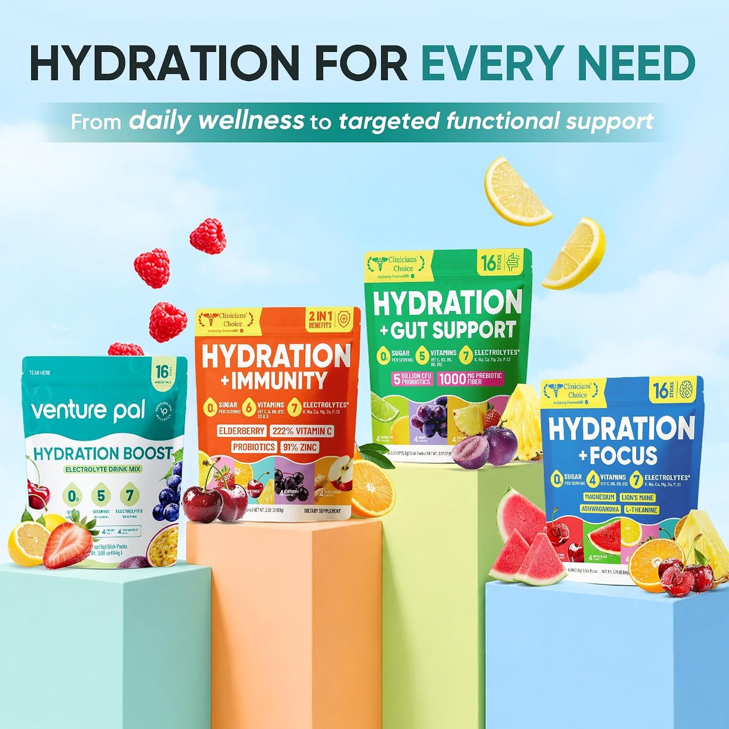 Venture Pal Sugar Free Electrolyte Packet, Liquid Daily IV Hydration Powder | 5 Vitamins & 7 Electrolytes, Instantly Hydration Packets for Sports & Party Recovery, Vegan, Keto Friendly, 16 Sticks
