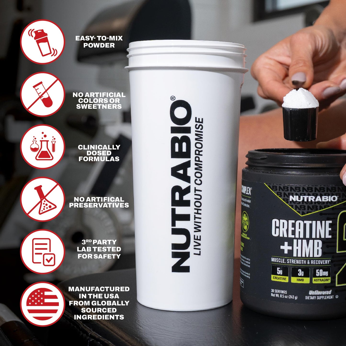 NutraBio Creatine + HMB- Creatine Monohydrate with HMB Powder for Muscle Growth, Increased Strength- 30 Servings (Unflavored)