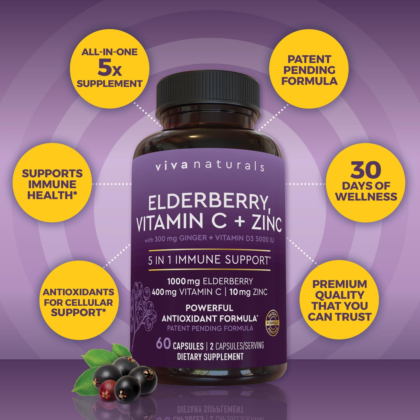 Viva Naturals Elderberry with Vitamin C and Zinc for Adults - 5 in 1 Sambucus Black Elderberry Capsules with Vitamin D3 5000 IU Immunity Supplement, Sambucus Elderberry Immune Support Supplement