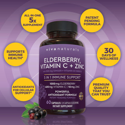 Viva Naturals Elderberry with Vitamin C and Zinc for Adults - 5 in 1 Sambucus Black Elderberry Capsules with Vitamin D3 5000 IU Immunity Supplement, Sambucus Elderberry Immune Support Supplement