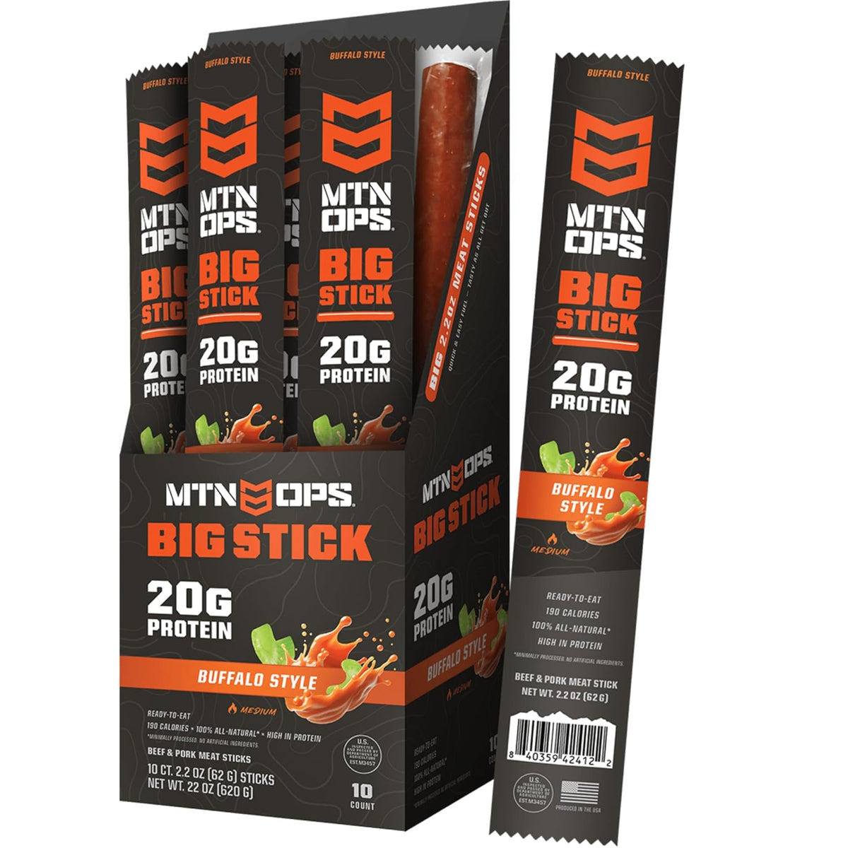 MTN OPS Big Stick High Protein Meat Sticks - 20g Protein, 10% Collagen - Buffalo Style Flavor - Individually Wrapped Beef Snacks - 10 Count Carton