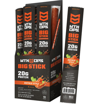 MTN OPS Big Stick High Protein Meat Sticks - 20g Protein, 10% Collagen - Buffalo Style Flavor - Individually Wrapped Beef Snacks - 10 Count Carton