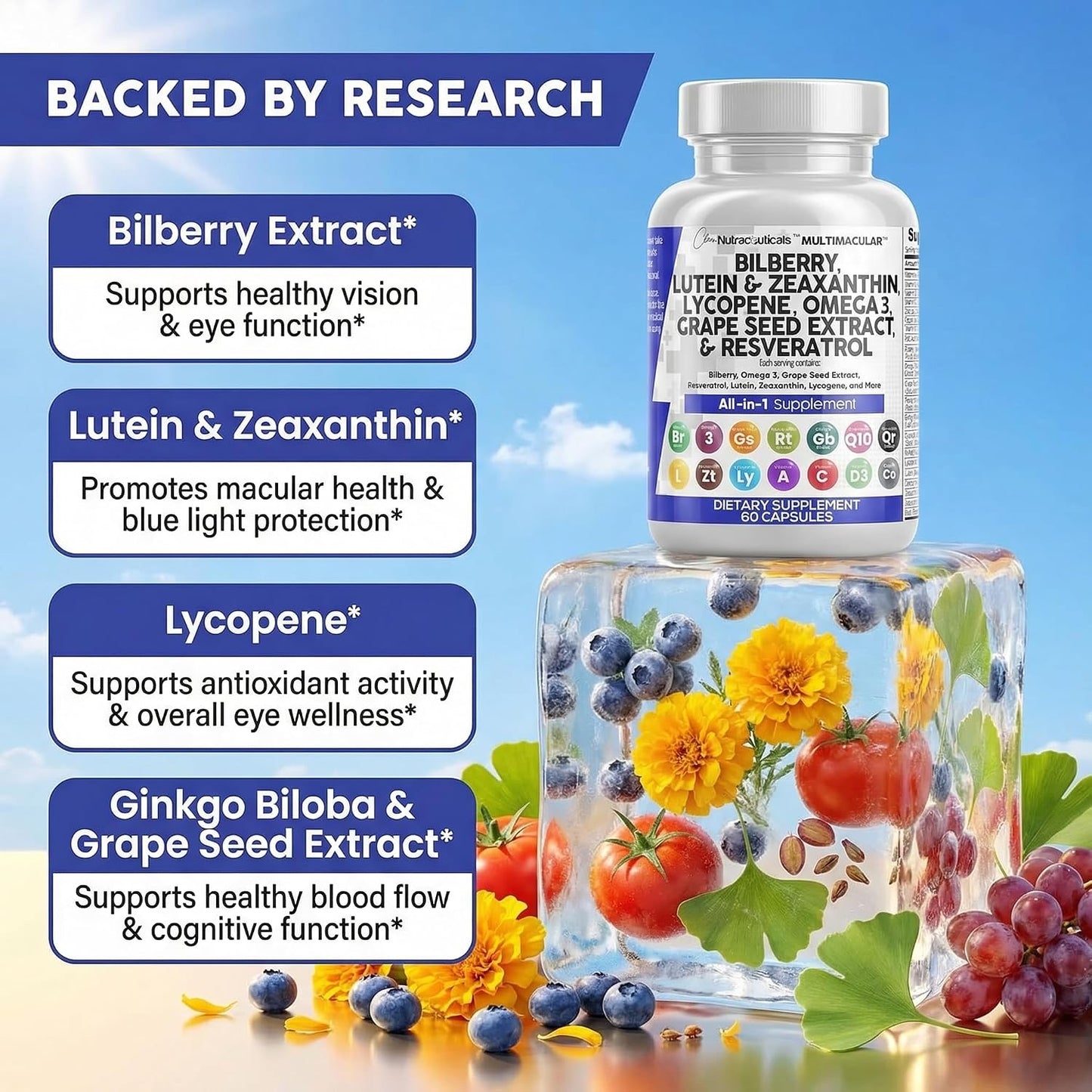 Clean Nutra Eye Vitamins with Bilberry Lutein and Zeaxanthin Supplements Lycopene 40mg Resveratrol Grape Seed Astaxanthin for Eyes - Eye Care Health Support Eye Vitamin and Mineral Supplement