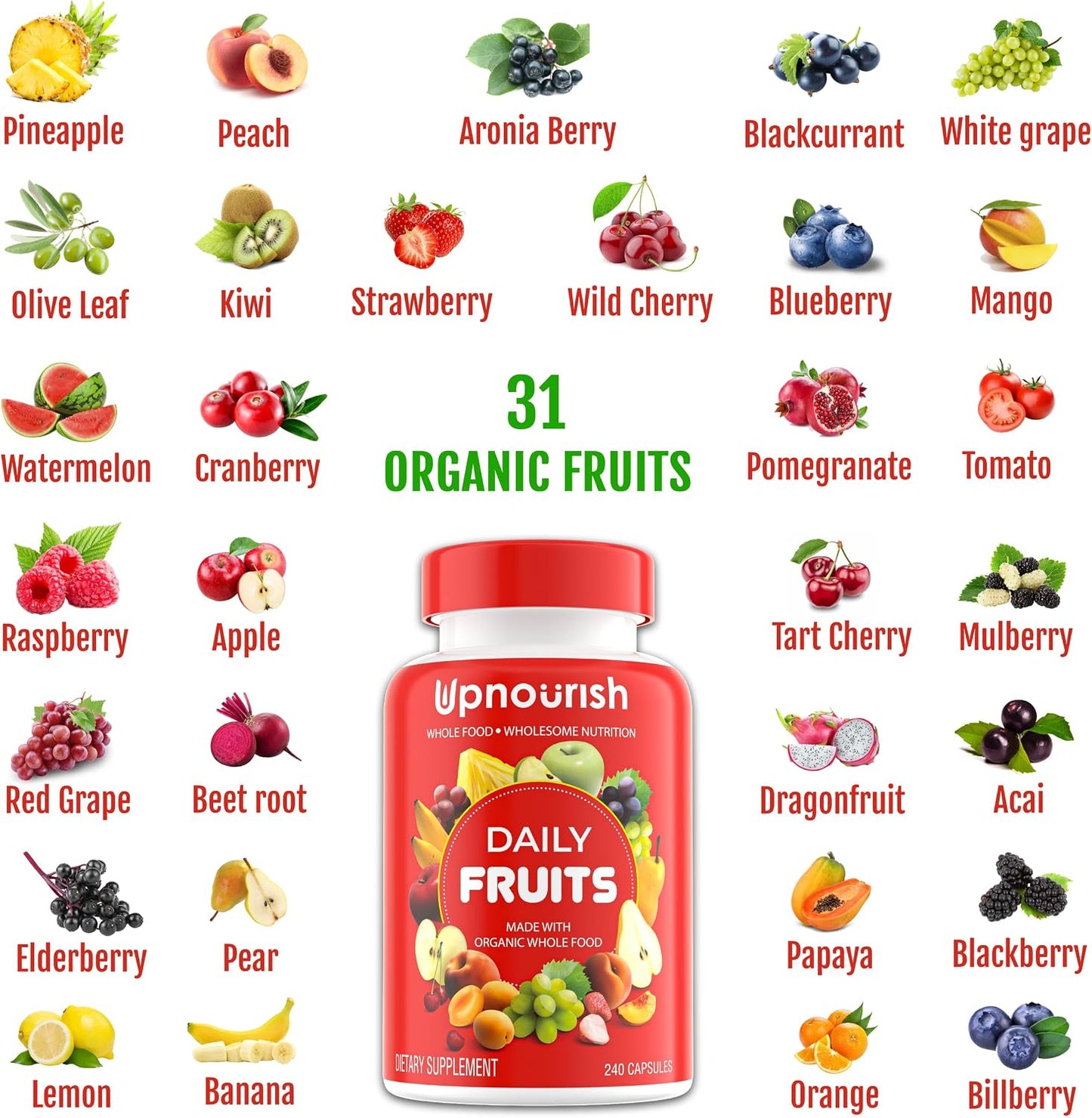 UpNourish Organic Fruits and Veggies Supplement - Support Diet Balance, Body Cleanse & Energy - 480 Fruits and Super Greens Capsules from Nature - Fruit and Vegetable Supplements for Adults & Kids