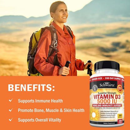 Vitamin D3 5000 IU (125 mcg) Supplement, 360 Softgels