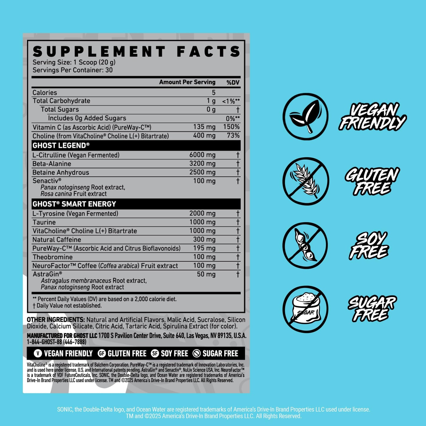GHOST Legend Pre Workout Powder, Sonic Cherry Limeade - 30 Servings – Pre-Workout for Men & Women with Choline, L-Citrulline, & Beta Alanine for Energy & Focus