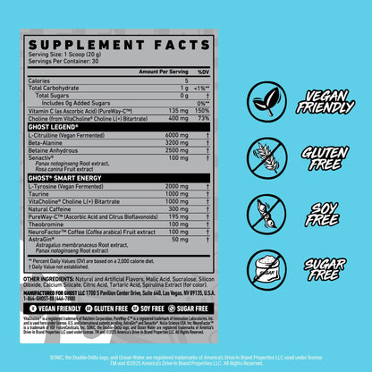 GHOST Legend Pre Workout Powder, Sonic Cherry Limeade - 30 Servings – Pre-Workout for Men & Women with Choline, L-Citrulline, & Beta Alanine for Energy & Focus