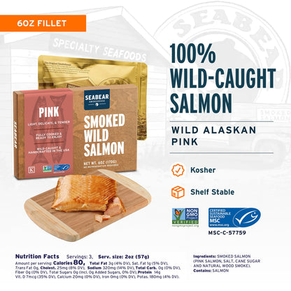 SeaBear Smoked Salmon Trio 18oz (3 x 6oz) Fillets Gift Box – Wild Alaska Sockeye, Wild Pink & Coho Fillets, Shelf Stable, Ready to Eat, 18 Ounce (3 x 6 Ounce) Filets
