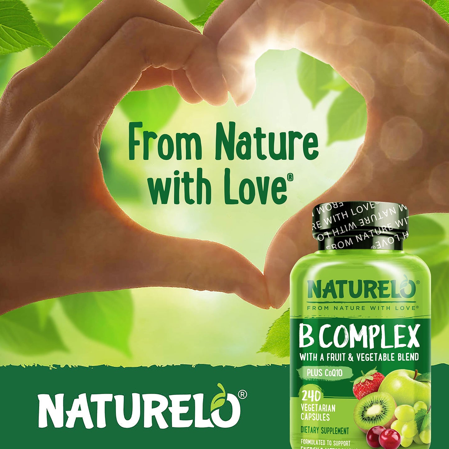 NATURELO Vitamin B Complex,120 Capsules, Vegan, CoQ10, Methyl Folate, Biotin, Fruit & Veg Blend, Supports Energy and Healthy Stress Response, Super B Complex Vitamins for Women and Men