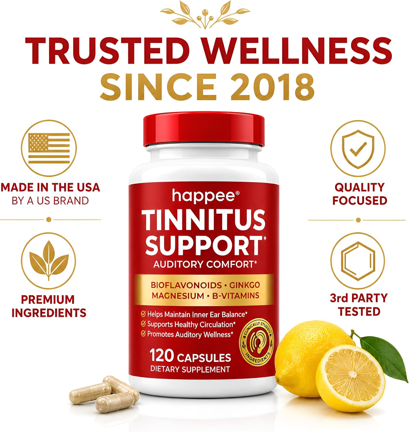 Happee Tinnitus Supplement for Ringing Ears, Bioflavonoids & Ginkgo, 120ct | Flavonoids Plus Essential Nutrient, Daily Support for Inner Ear Health & Microcirculation, NO Dyes, Clean Label