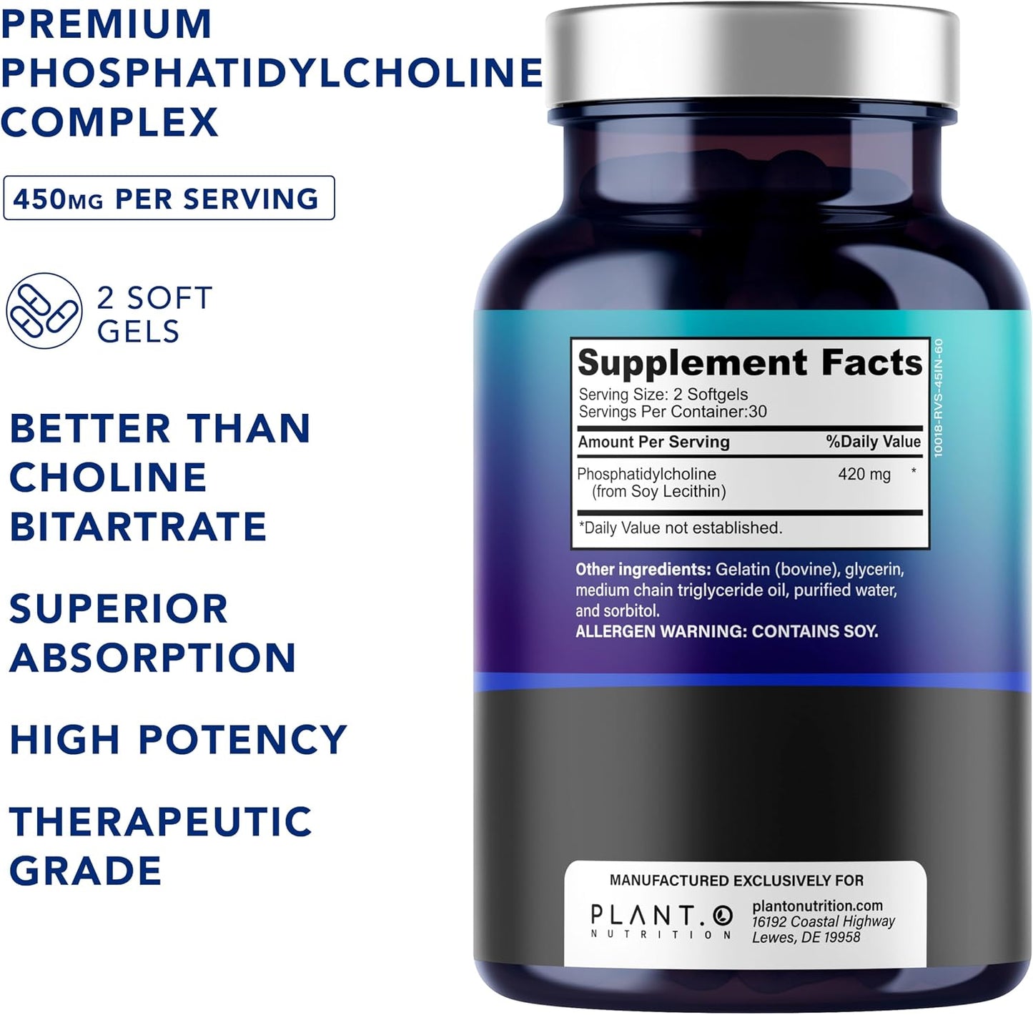 PLANT.O NUTRITION Choline Phosphatidyl Supplement | High Potency 430mg Phospholipid Complex | Promotes Energy, Liver, Brain, & Cognitive Health | 60 Softgels
