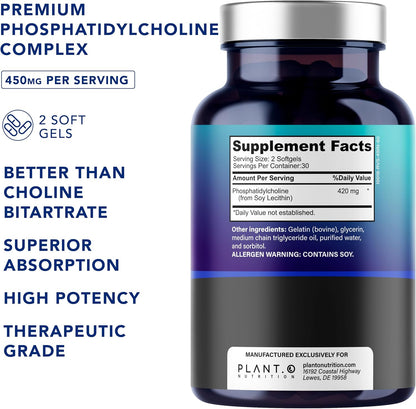 PLANT.O NUTRITION Choline Phosphatidyl Supplement | High Potency 430mg Phospholipid Complex | Promotes Energy, Liver, Brain, & Cognitive Health | 60 Softgels