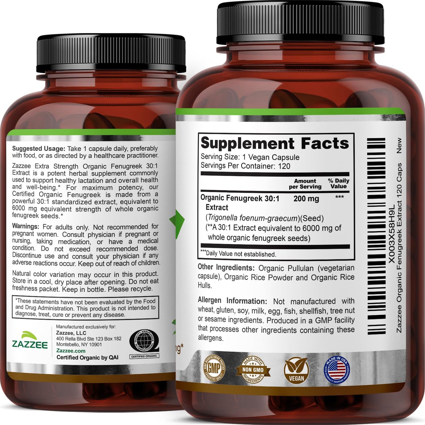 Zazzee USDA Organic Fenugreek 30:1 Extract, 120 Vegan Capsules, 4 Month Supply, Breastfeeding & Lactation Support for Nursing Mothers, Organic Herbal Supplement, All-Natural, Non-GMO, Made in the USA