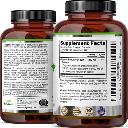 Zazzee USDA Organic Fenugreek 30:1 Extract, 120 Vegan Capsules, 4 Month Supply, Breastfeeding & Lactation Support for Nursing Mothers, Organic Herbal Supplement, All-Natural, Non-GMO, Made in the USA
